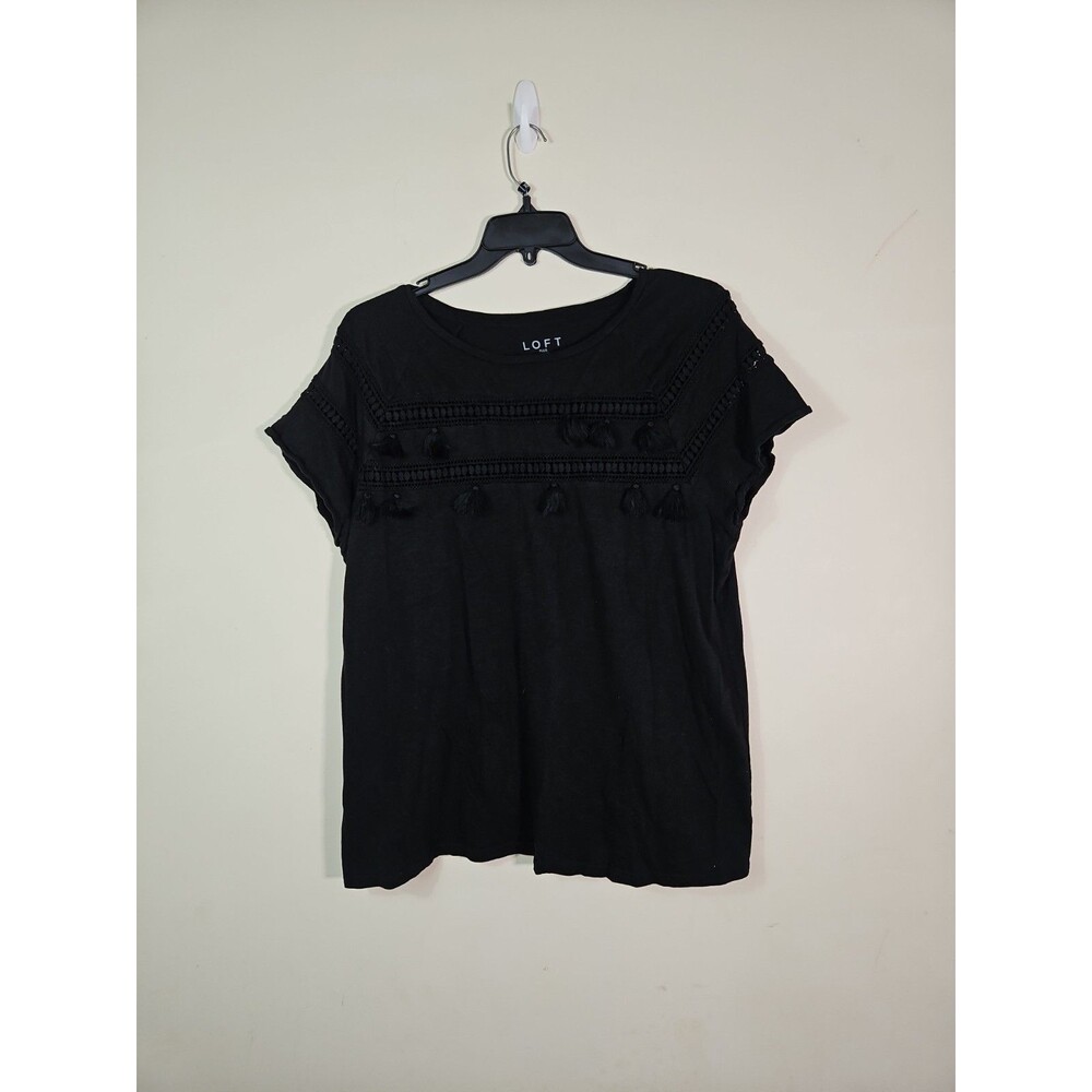 Ann Taylor LOFT Top 16 18 Black Crochet Tassel Fringe Soft Tee Cotton Short slee